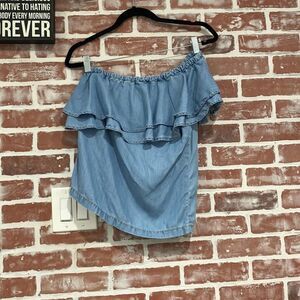 Chelsea28 Chambray One Shoulder Ruffle Crop Top Womens XS Tencel Denim Blue